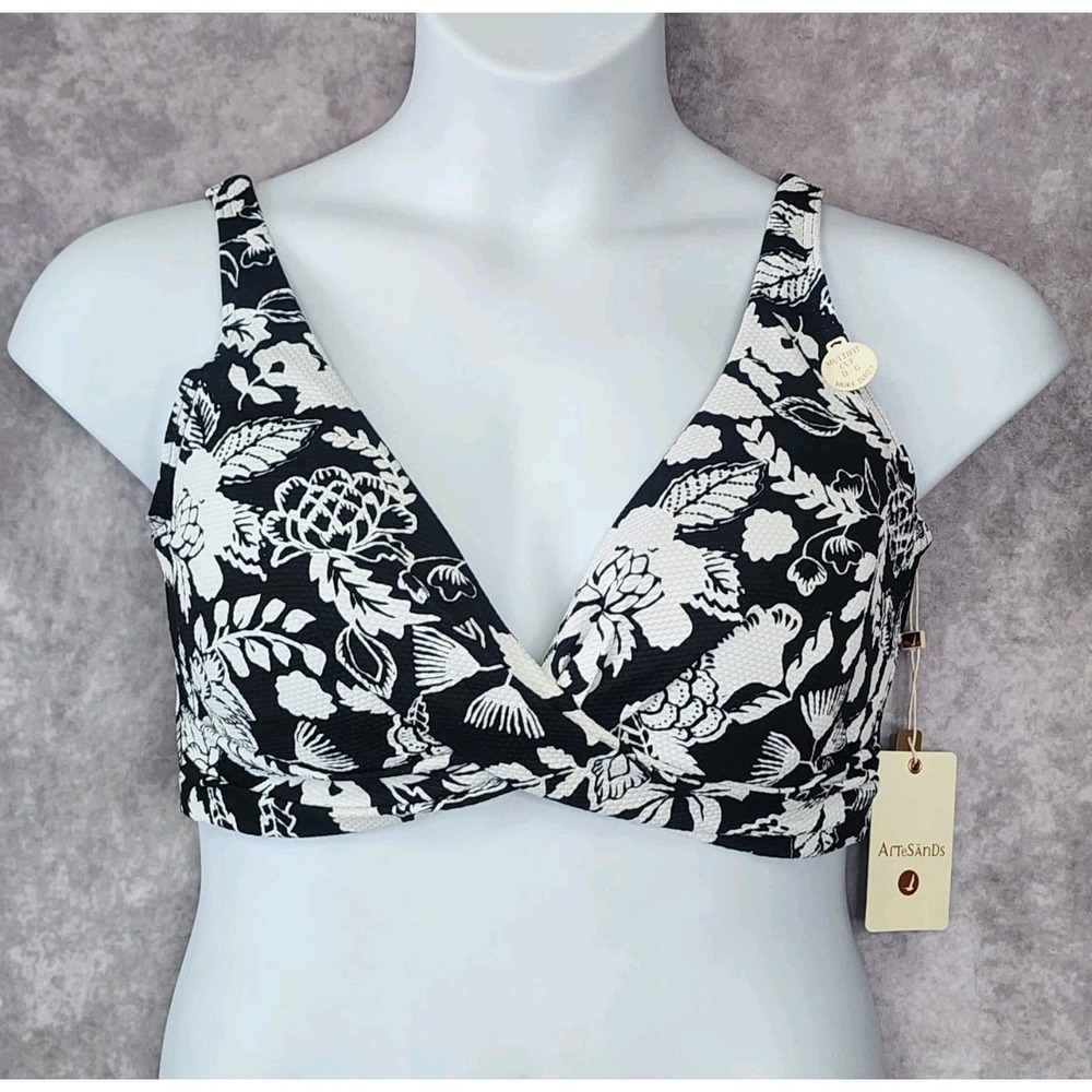 ArteSands Bikini Top Womens 10+ Black White Floral Multi-Fit Cup‎ D-G Wrap Swim